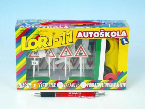 LORI 11 Stavebnice Autoškola Dopravní značky 16ks+2 kužely+auto plast v krabici 22x13x6cm Teddies