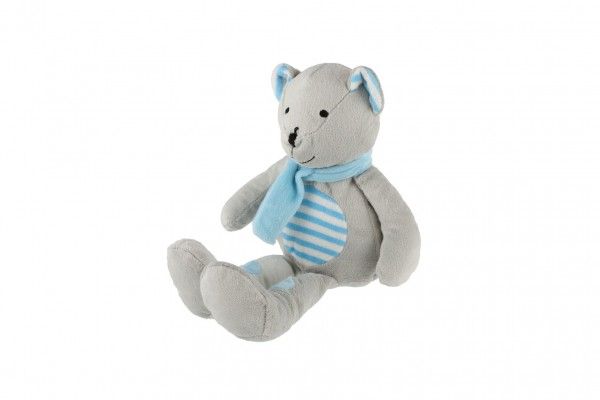 Medvěd/Medvídek sedící se šálou plyš 19cm šedivo-modrý v sáčku 0+ Teddies