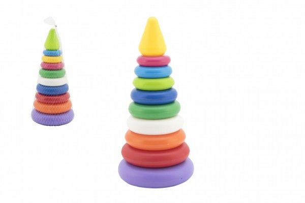 Teddies skládanka pyramida s kroužky plast 2 barvy v síťce 15x31cm